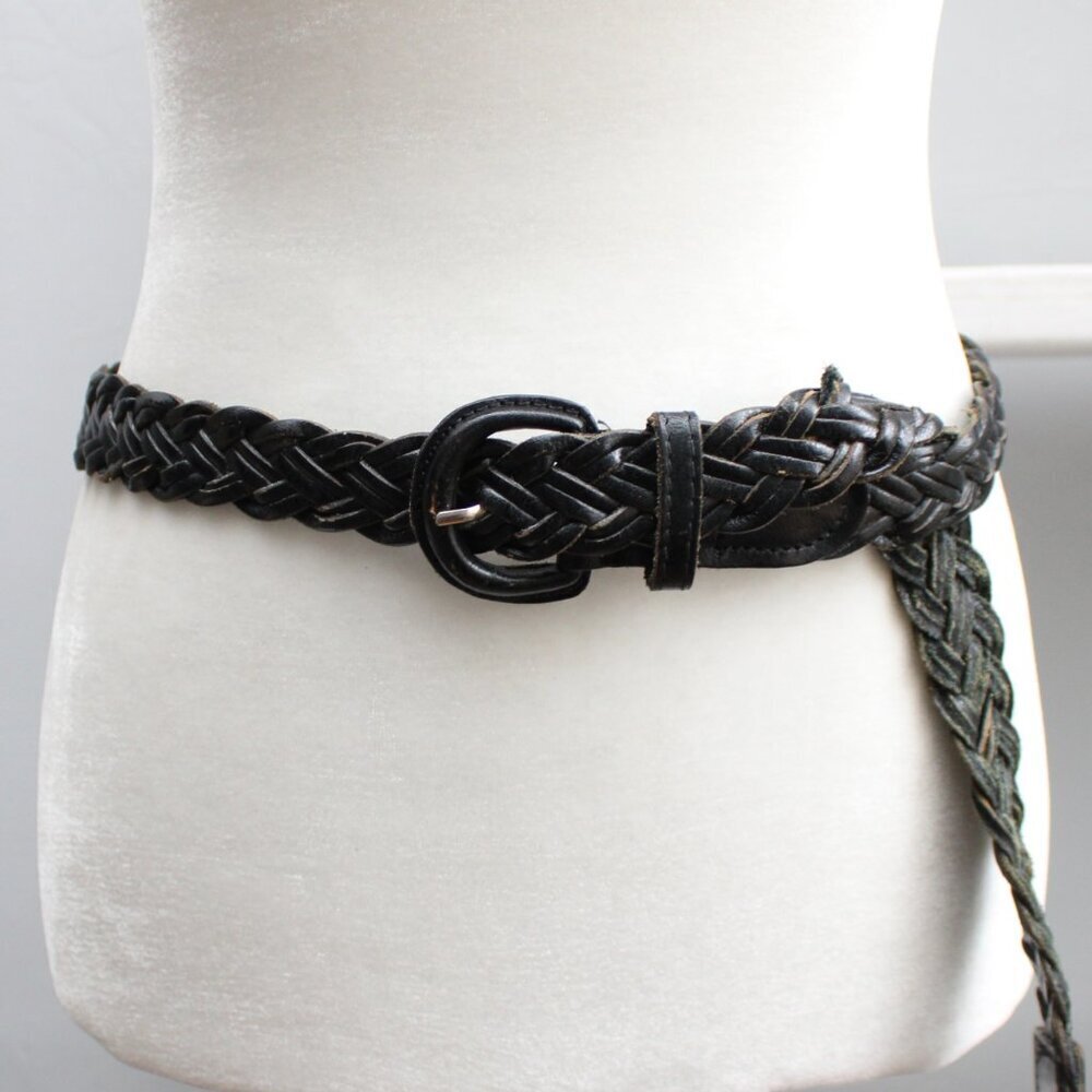 Vintage 90s Women's Black Woven Braided Woven Leather Belt Size XL
